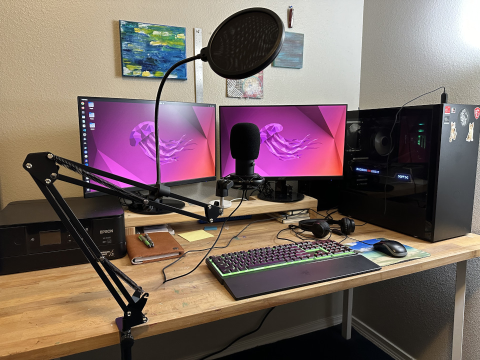 SurvivorDK Desk with FIFINE T669 USB Mic, dual monitors, and gaming PC