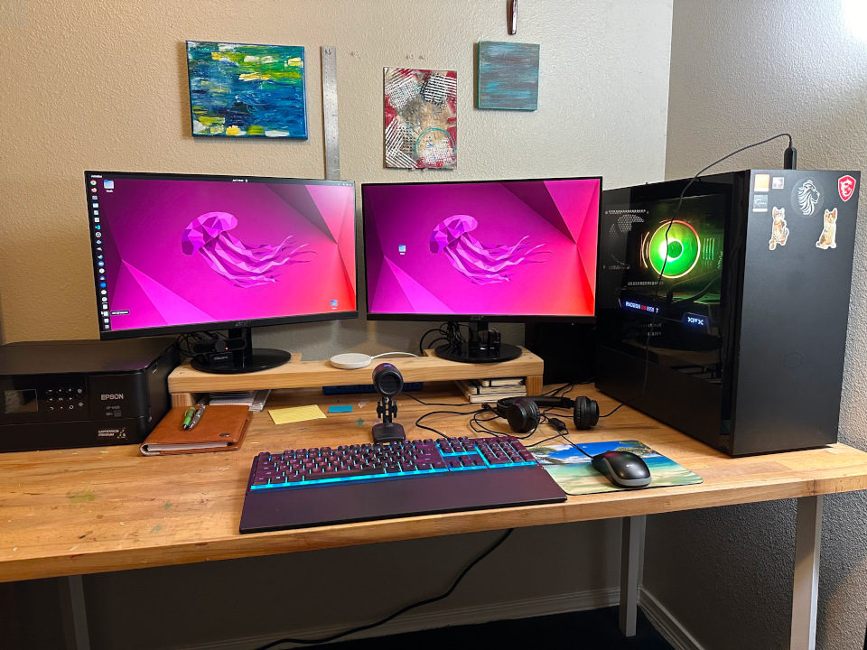 SurvivorDK Desk with Onn (Walmart) USB Mic, dual monitors, and gaming PC